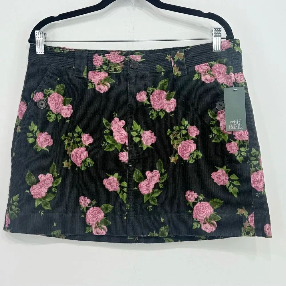 Wild Fable Charcoal Gray Pink Floral Rose Print Corduroy Mini Skirt NEW